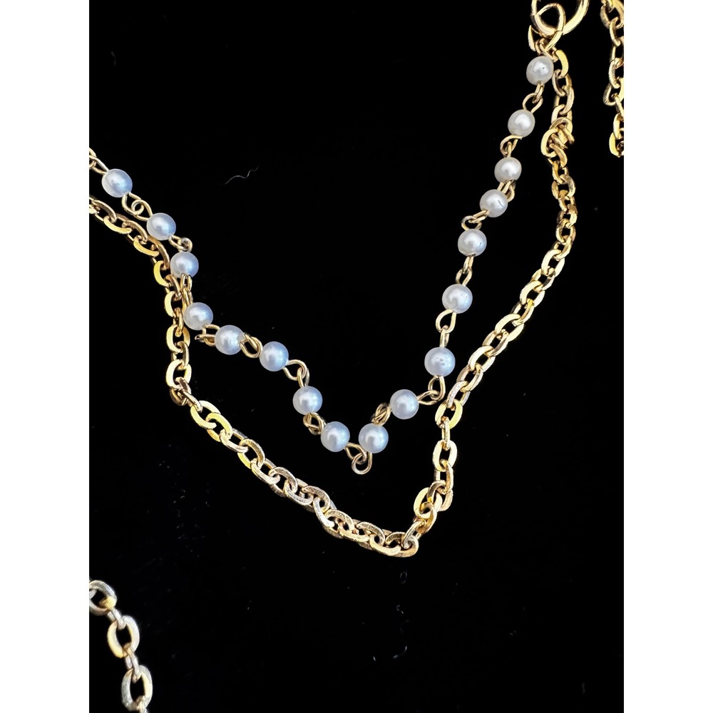 Gold Tone Faux Pearl Layered Station Long Rope Necklace Double Strand Classic